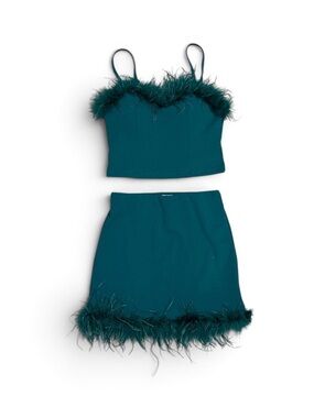 Thirty Thirty LA Feather Trim Teal Crop Top Mini Skirt Matching Set S M